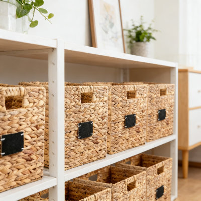 Paniers de rangement en jacinthe d'eau tissés à la main, ensemble de 12 bacs cubiques pliables avec étiquettes et poignées de tableau noir pour l'organisation à la maison, le garde-manger, les tablettes et la lessive