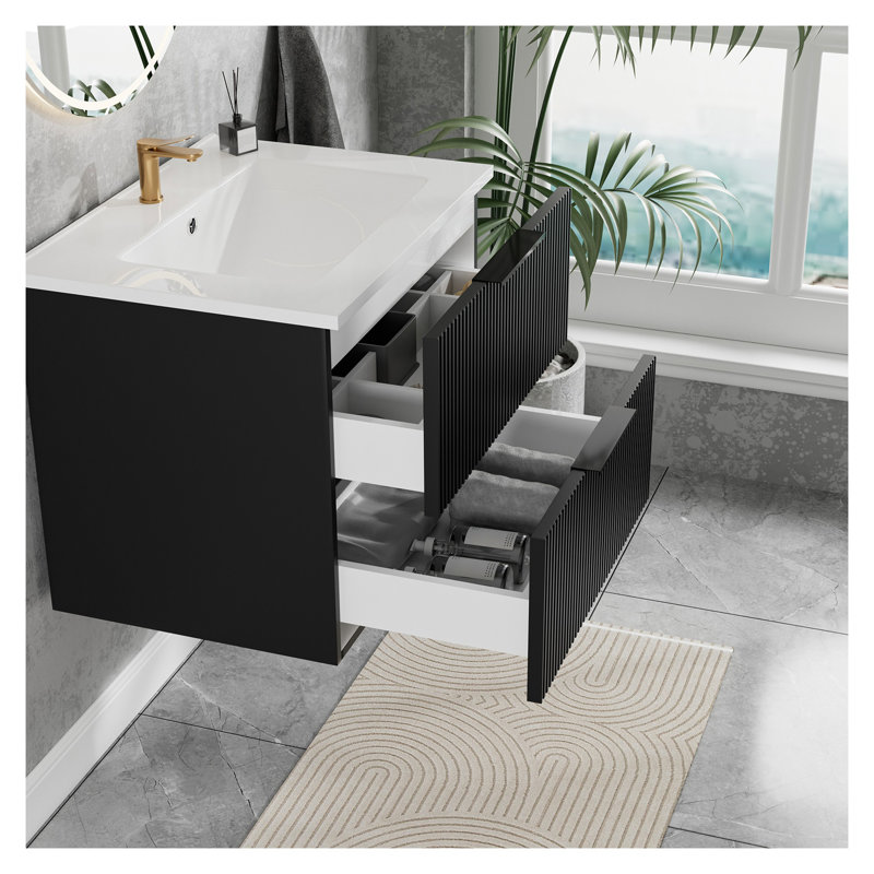Armoire de salle de bain murale 24 po avec lavabo en céramique - noir mat