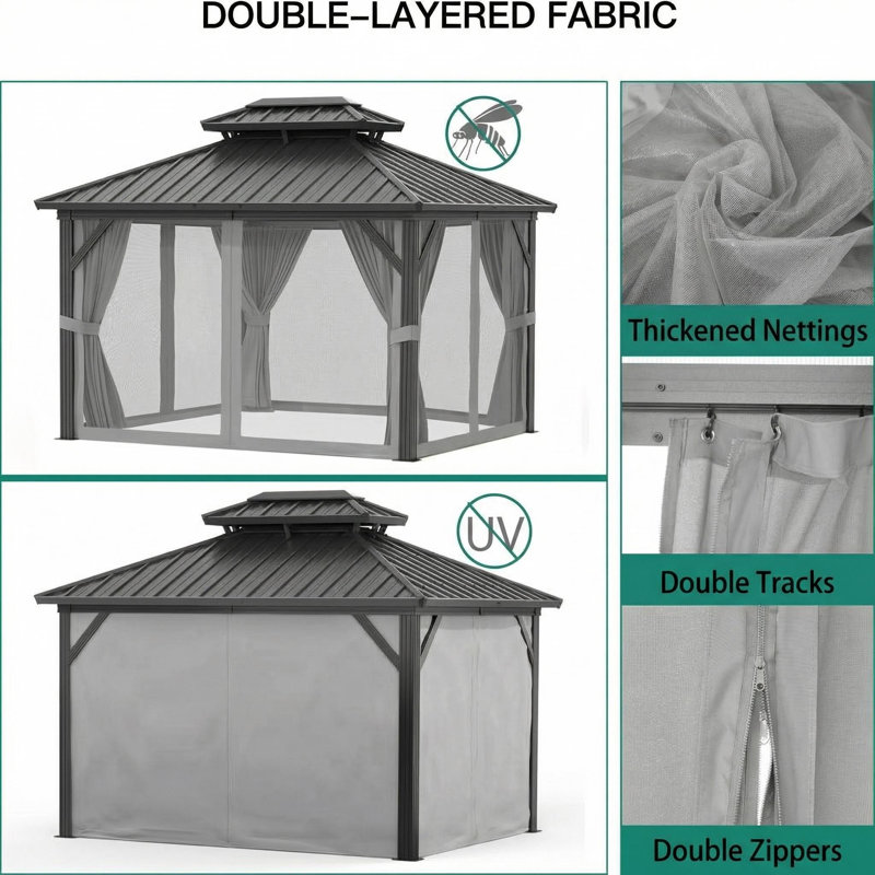 10x13 ft Hardtop Gazebo, with Netting & Curtains, Gray