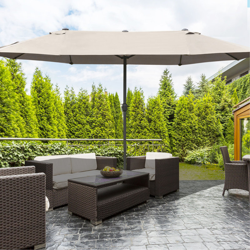 Parasol d'extérieur rectangulaire en acier de 15 pi avec base, protection solaire et manivelle pour terrasse, Brun