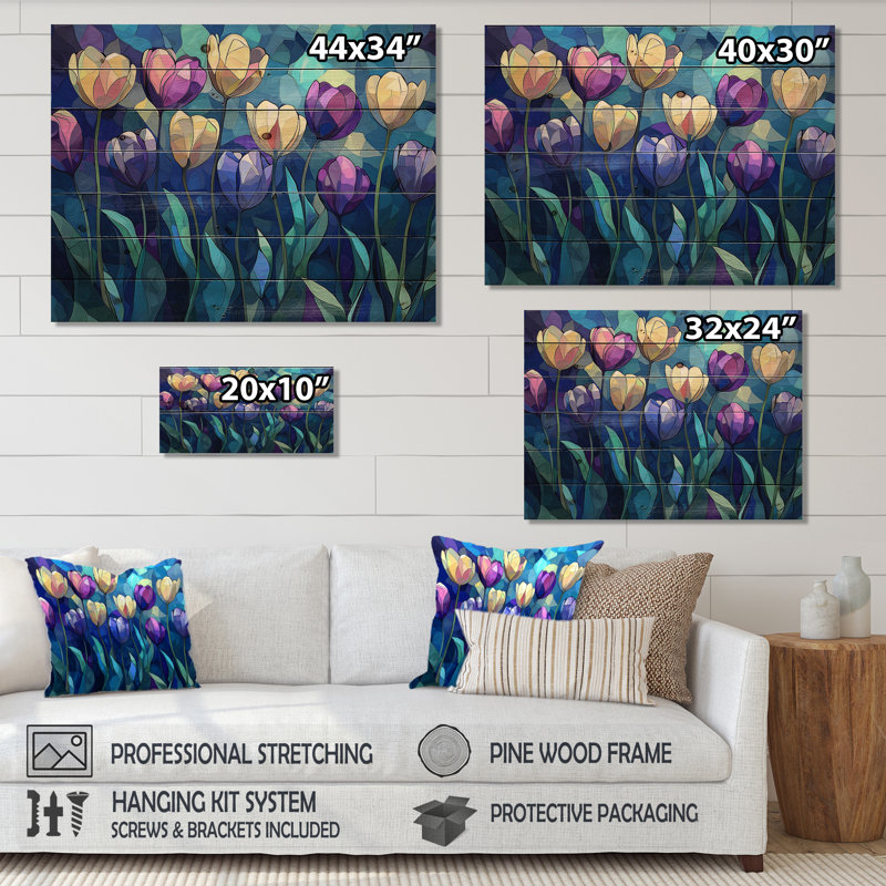 Blue Velvet Sky Tulips Field - Tulips Wood Wall Art - On Natural Pine Wood, 24" H x 32" W x 0.78" D