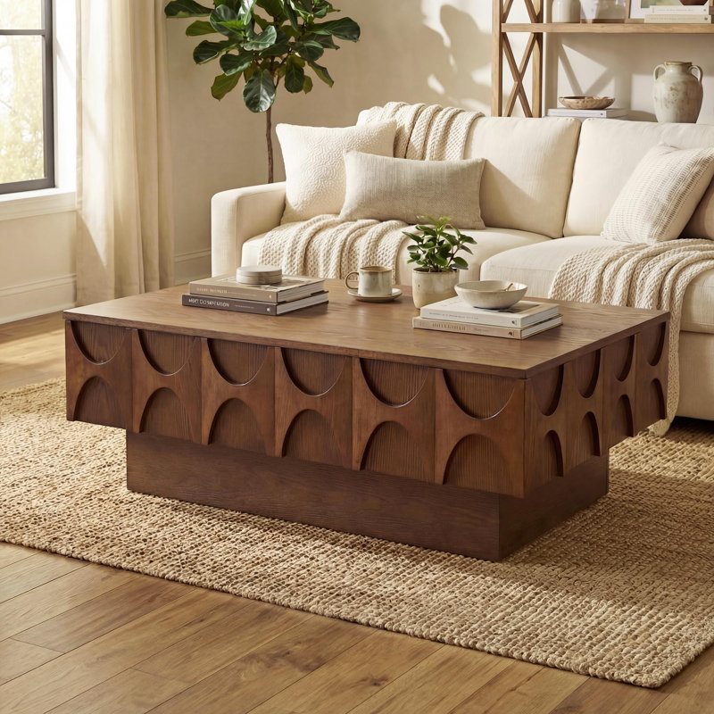Table basse à plateau coulissant 38,59 po avec rangement caché, centre Mid-Century, Noyer