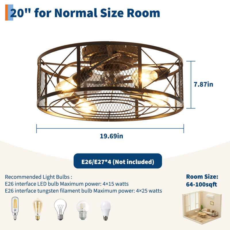 Ventilateur de plafond encastré en fer rétro avec lumières à profil bas pour maison de campagne