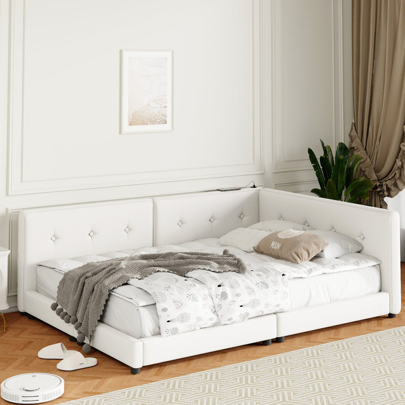 Lit plateforme tapissier avec ports USB, Beige, Grand lit