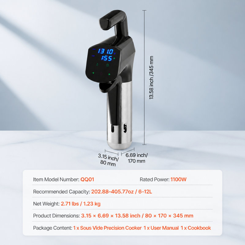 1100W Sous Vide Precision Cooker with LED Display and Clamp Design
