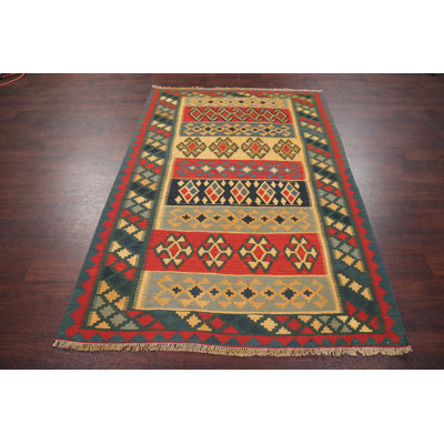 Tapis de la zone en laine vert/rouge 4 pi 1 x 6 pi en laine one-of-kind-noué la main Tribal