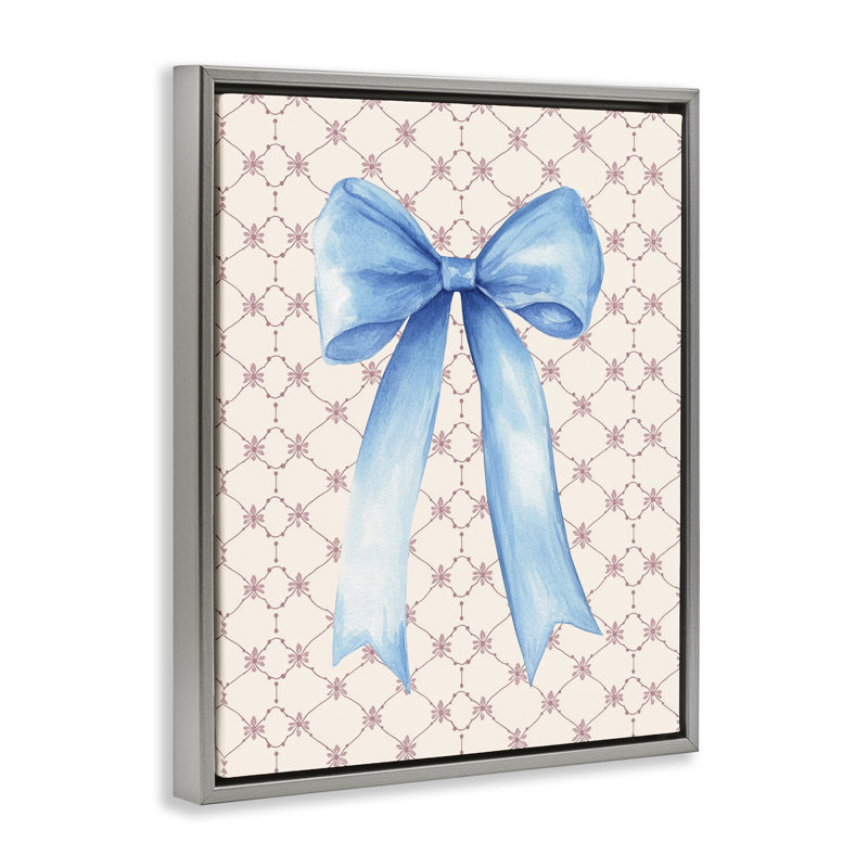 Arc-en-ciel bleu sur cadre flottant à motif de courtepointe rose, design par Petal Prints Design, H 31 po x l 25 po