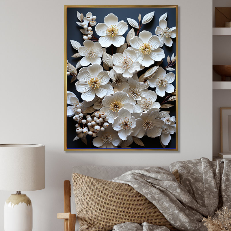 Reproduction sur toile White Dogwood, Cadre flottant doré, H 44 po x l 34 po x P 1,5 po