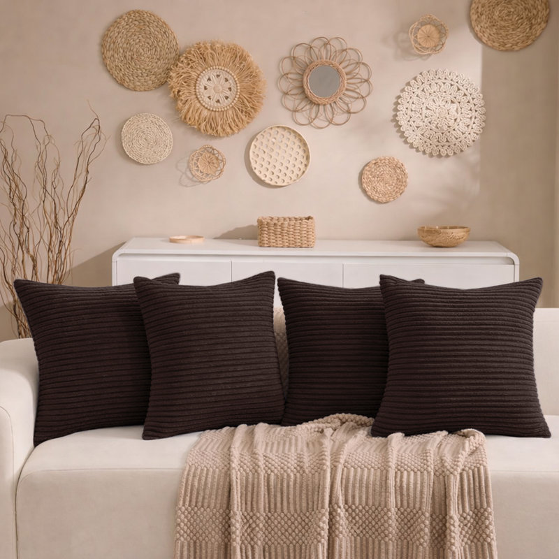Aspire Homeware Striped Square Velvet Cushion Cover, Coffee, Pack of 4