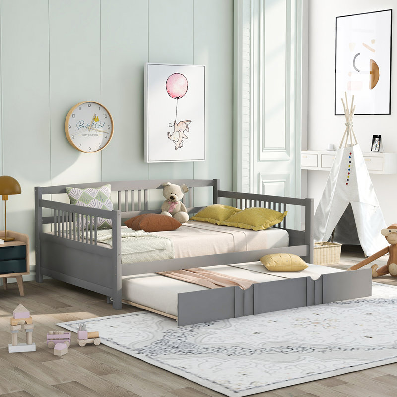 Full Size Daybed Wood Bed with Twin Trundle, Space-Saving and Multi-Functional Design, Gray