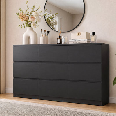 Commode moderne à 9 tiroirs, meuble de rangement spacieux avec tiroirs profonds pour chambre, salon, couloir et entrée, noir