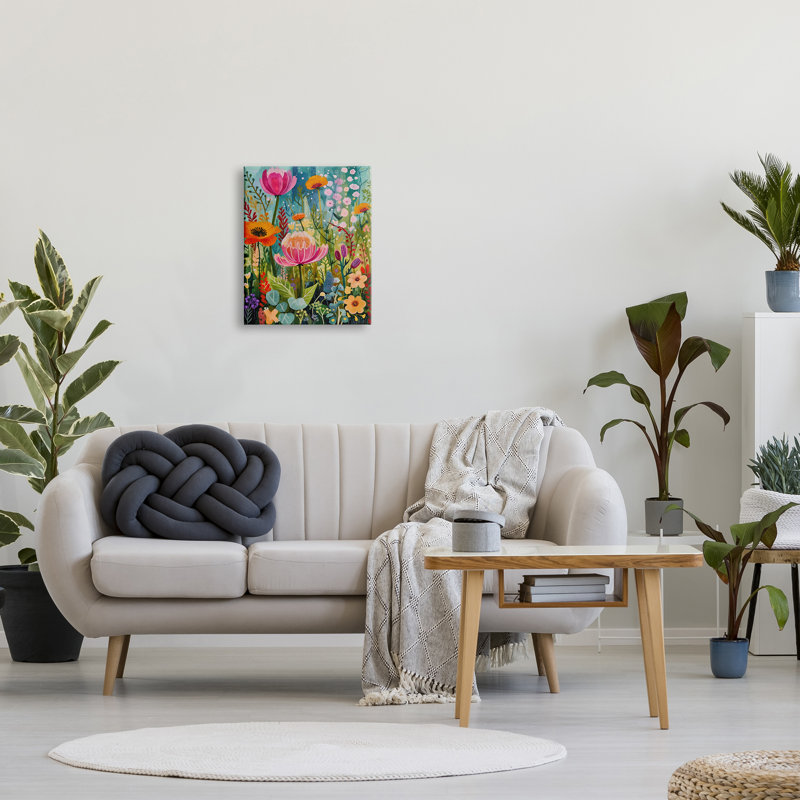 Peinture florale fantaisiste sur bois, H 20 po x l 16 po x P 1,5 po