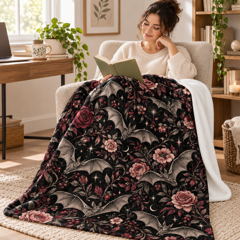Vintage Bat Floral Blanket, Black Flannel Throw with Dusty Rose Blooms, Stars and Crescent Moons for Couch, Bed, Reading, Travel and Room Styling, 30 x 40 in