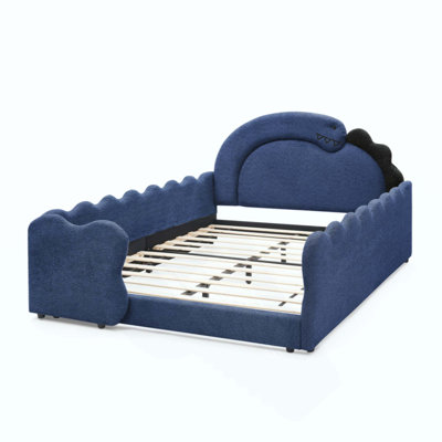 Lit mignon en forme de dinosaure avec barrière de sécurité, cadre de lit en bois massif pour chambre à coucher, tissu bouclé
