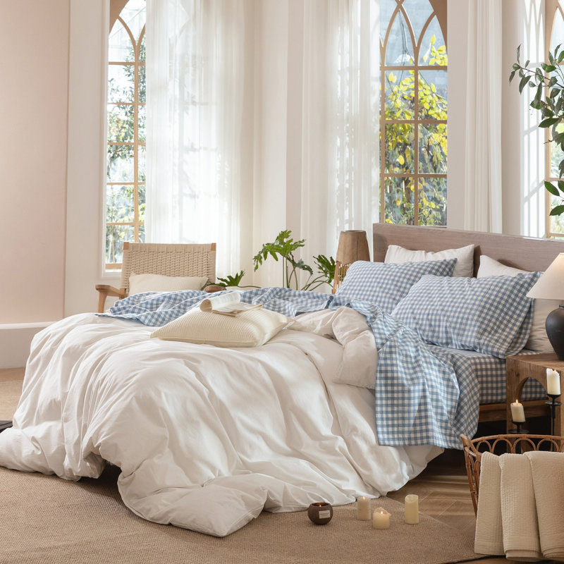 Ensemble de draps 100% coton lavé MooMee, Ensemble de draps pour grand lit avec 2 taies d'or, Bleu bleuet