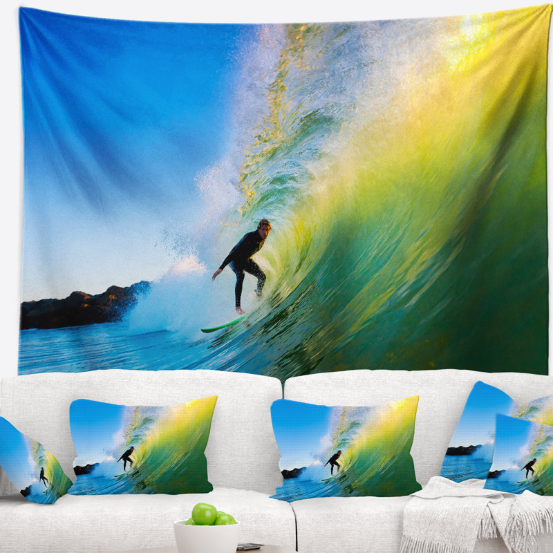 Photographie surfer battant green waves tapisserie, H 32 po x l 39 po