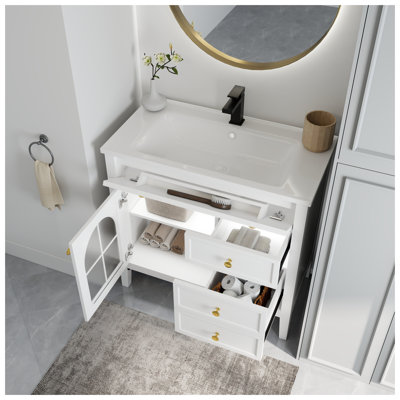 Meuble-lavabo moderne 35,6 po avec porte en verre à motif et panneau de fibres à densité moyenne blanc