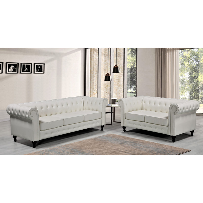 Noreen 2 Piece Faux Leather Living Room Set, Cream White Faux Leather