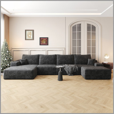 Canapé modulaire 135 po avec 1 repose-pieds Cloud, fauteuils rembourrés minimalistes modernes, canapé confortable en forme de U pour le salon, canapé d'angle à siège profond, aucun assemblage requis, noir (tissu en velours côtelé moelleux)