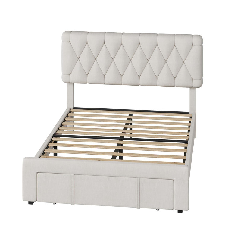 Structure de lit plateforme tapissier avec 4 tiroirs de rangement, tête de lit capitonnée à losanges, support à lattes de bois, aucun sommier requis, assemblage facile