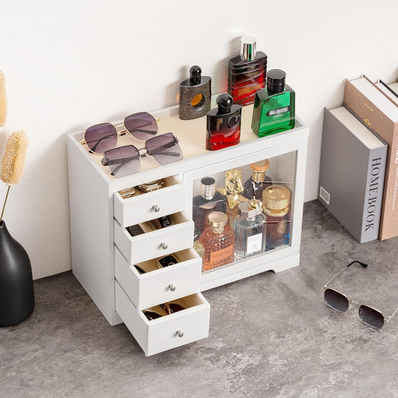 Organisateur de parfum à grande capacité à 5 niveaux avec rangement à 4 tiroirs, blanc, Blanc
