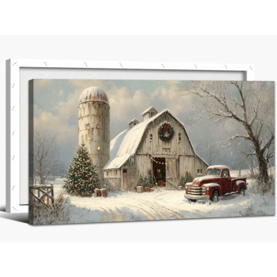 Grande peinture sur toile d'hiver - impressions de Noël rétro, scène d'hiver, décoration murale pour le salon, œuvre de Noël, maison de campagne, impression sur toile avec cadre en pin, 24 po x 48 po