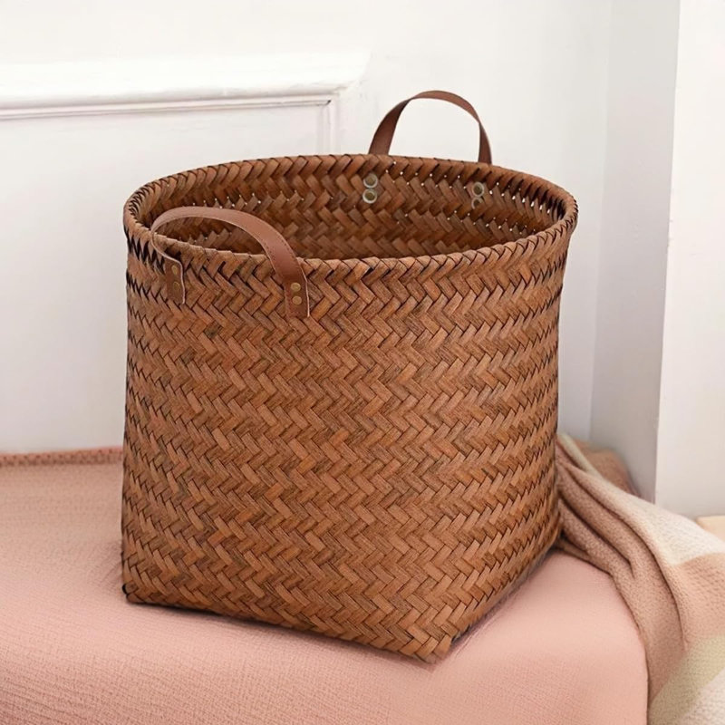 Set of 4 Brown Wicker Cube Storage Baskets with Handles