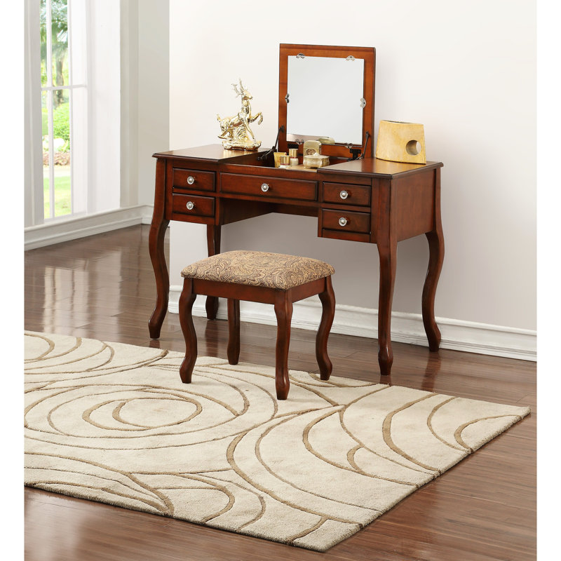 Coiffeuse et tabouret classiques, couleur cerisier, mobilier de chambre, siège rembourré, contreplaqué avec tabouret, tiroirs spacieux, construction en bois d'hévéa