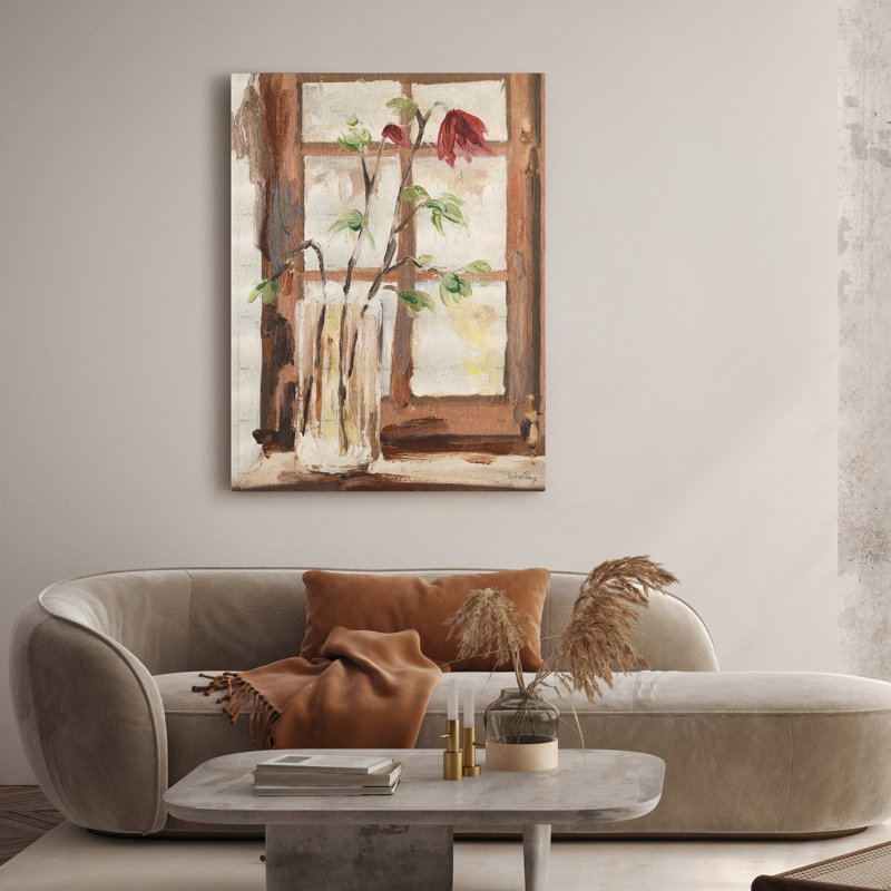 "Timeless Serenity I", Vase par la fenêtre sur toile métallique chagrine dorée, art mural