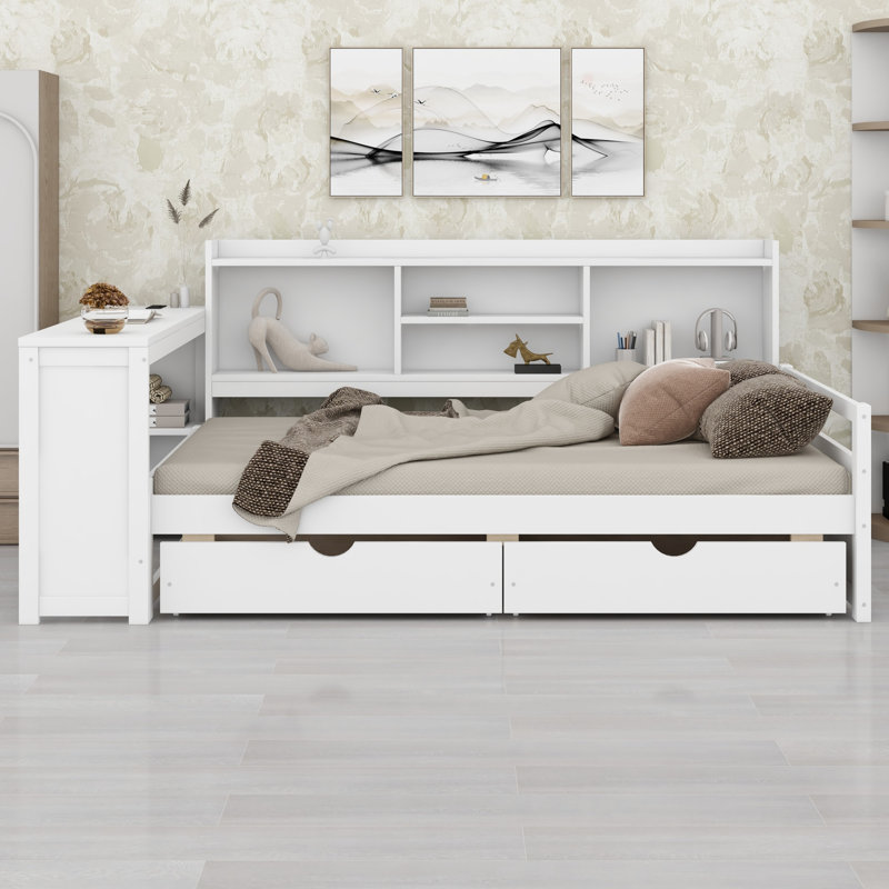 Multi-Functional Corner Daybed Featuring Storage Drawers, Desk, Charging Port, White