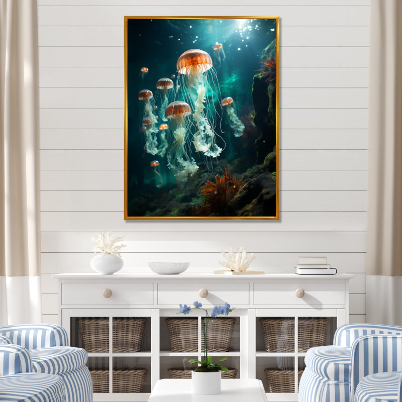 «Green Jellyfish Family» sur toile, H 40 po x l 30 po x P 1,5 po, Cadre flottant doré