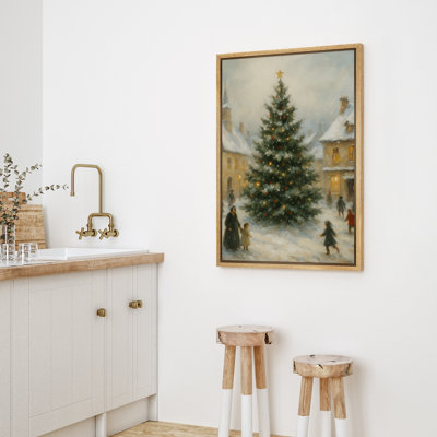 «Christmas Tree Village Snowy Street Festive Holiday Scene», reproduction d'art sur toile encadrée dans la chambre principale