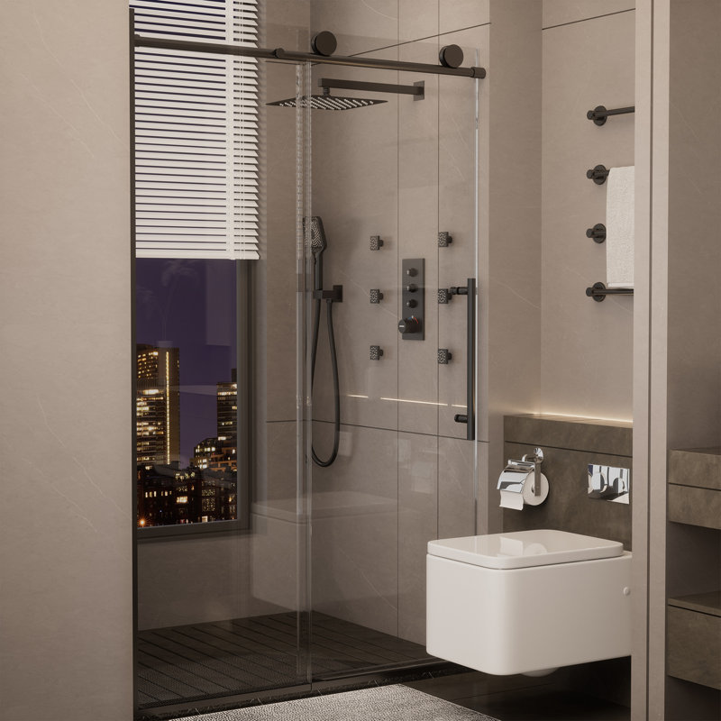 44"-48" W x 76" H Reversible Frameless Single Sliding Shower Door with 3/8" Clear Tempered Glass, Matte Black
