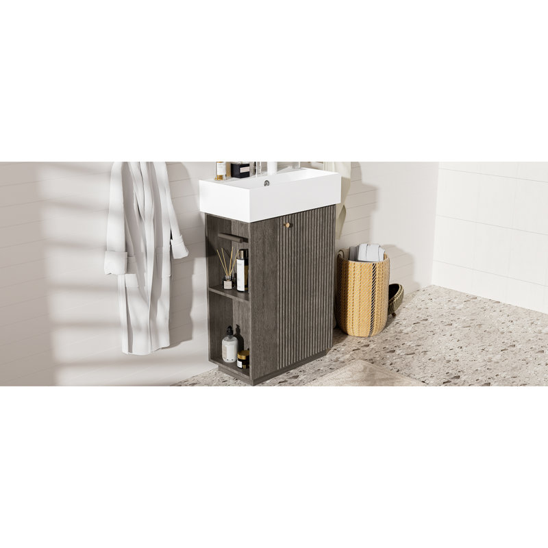 Meuble-lavabo moderne de 55 cm (21,6 po), lavabo en céramique, autoportant, gris foncé, imitation bois, portes à fermeture amortie, porte-papier hygiénique, rangement latéral, étagères fixes, rangement intelligent autoportant pour petites salles de bain.