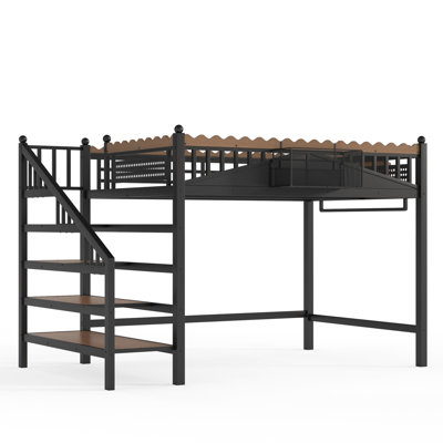 Lit mezzanine en métal, lit mezzanine avec escalier de rangement et bibliothèque, structure de lit mezzanine en métal, lit mezzanine haut en métal, lit multifonctionnel, lit mezzanine pour petite chambre et appartement, noir