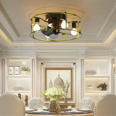 Ventilateur de plafond industriel vert 19 po avec éclairage - Ventilateur de plafond encastré avec télécommande, ventilateur de plafond rustique à 3 lumières, moteur CC réversible silencieux à 6 vitesses pour chambre à coucher, salon (ampoule non incluse)