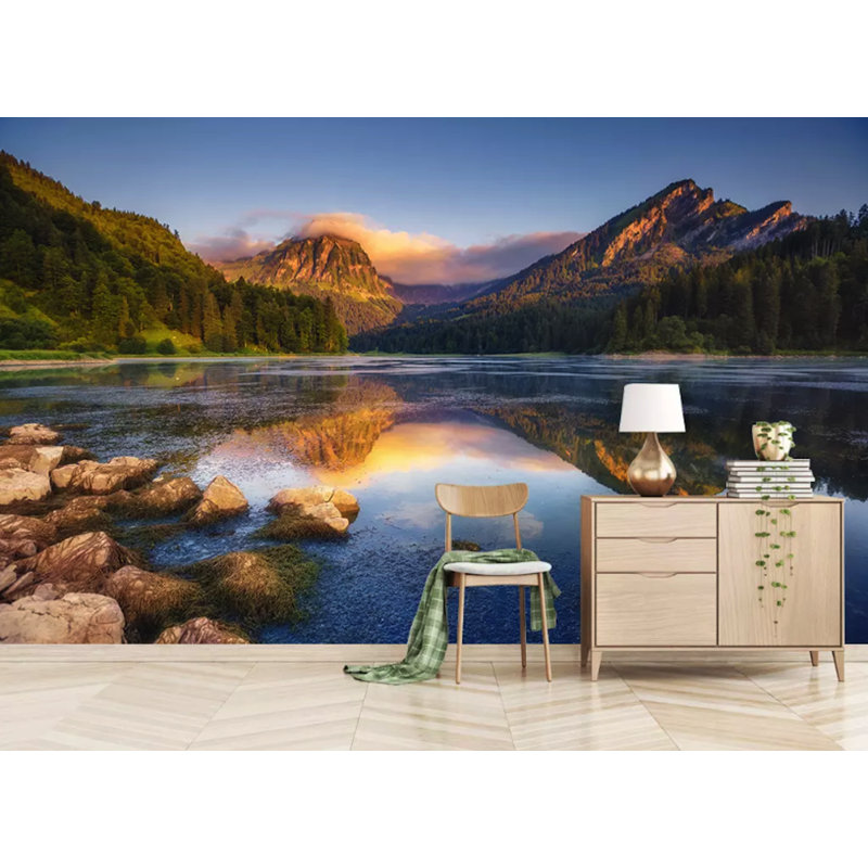Papier peint texturé amovible Lake Mountain Landscape Forest, l 187 po x L 106 po
