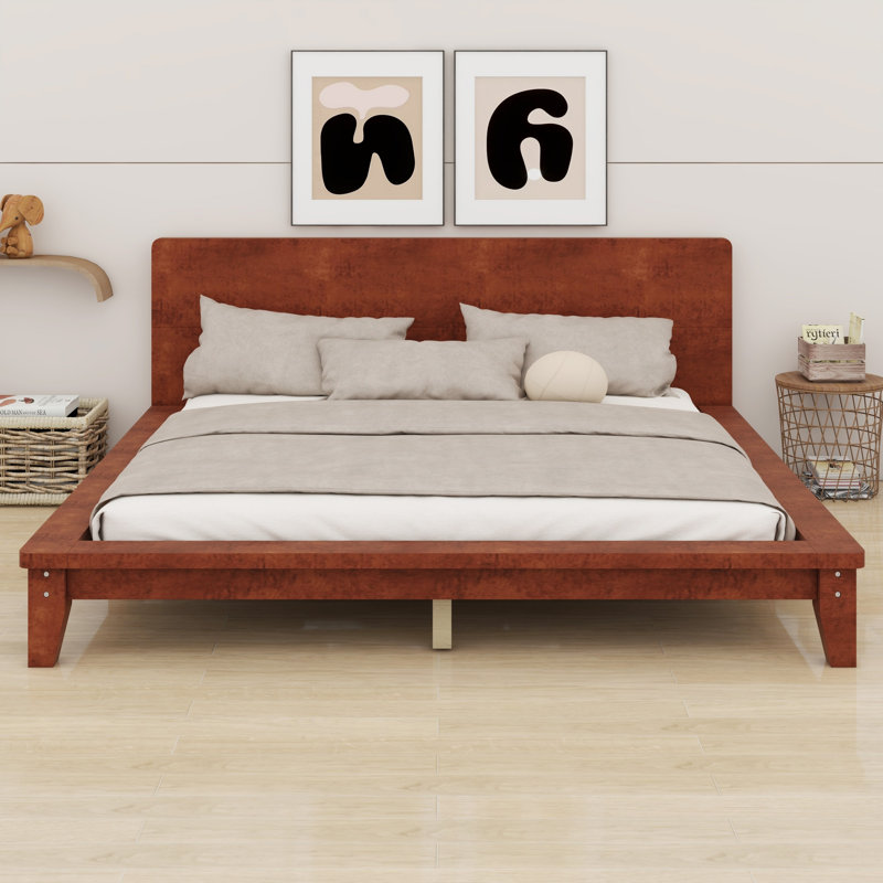 Base de lit plateforme contemporaine avec support en lattes de bois pour tête de lit, Brun, Grand lit