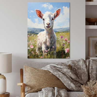 Mignonne chèvre dans les prairies florales - Art mural en métal animal de chèvre