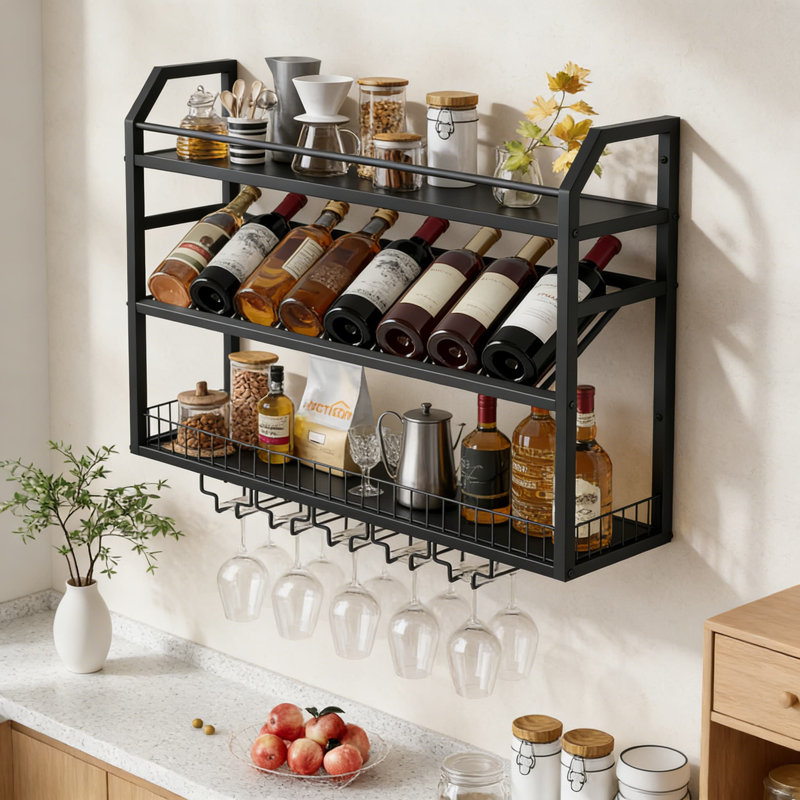 Support à vin mural avec porte-verre, étagère de rangement à plusieurs niveaux pour bouteilles de vin, spiritueux et articles de bar, présentoir peu encombrant pour bar à domicile, cuisine ou salle à manger