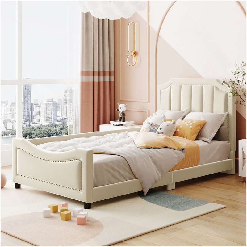  Lit de jour de taille avec tête de lit à rayures classique , Beige