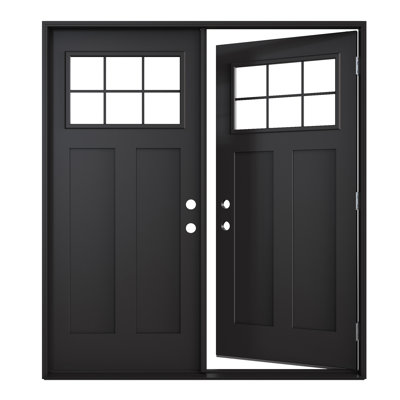 Porte d'entrée extérieure en fibre de verre 72 po x 80 po (2 x 36 po x 80 po), peinte en noir sur le dessus, porte française à 6 carreaux en verre clair avec chambranle, design classique et style moderne, grande durabilité, ouverture vers l'intérieur à droite (quincaillerie non incluse)