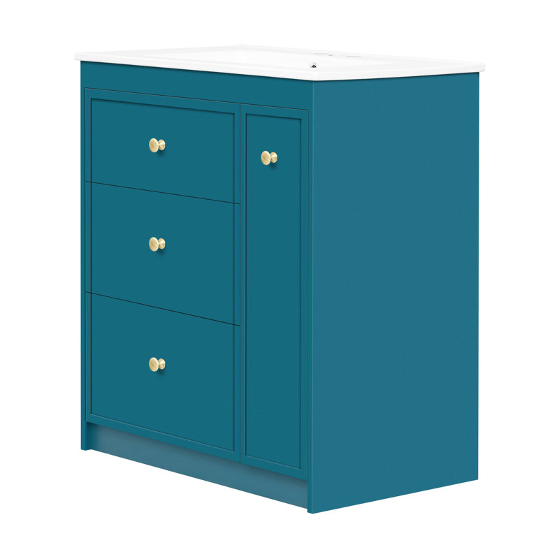 Meuble-lavabo de salle de bain avec lavabo en céramique 30 po - Quatre armoires bleues pour quatre tiroirs Essentials