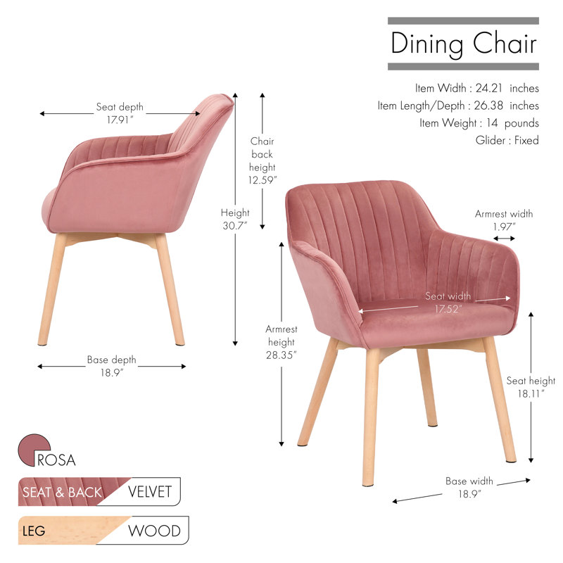 46cm H Velvet Upholstered Upholstered Back Armchair, Rose