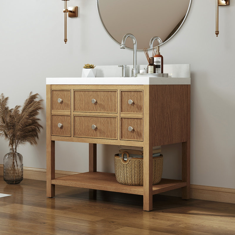 Quartz Single Vanity with Ceramic Sink, Natural Oak, 36"