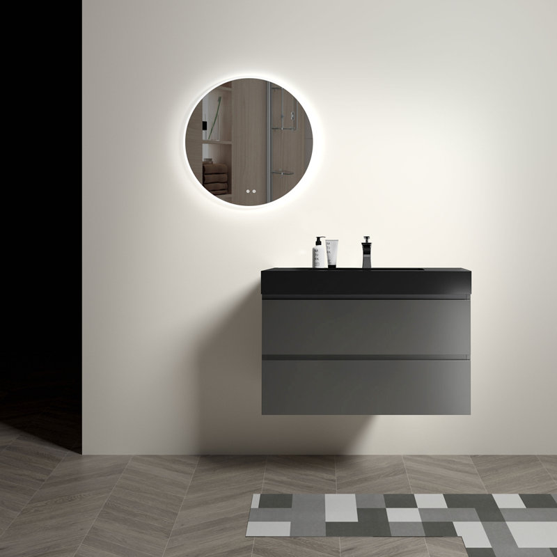 Meuble-lavabo de salle de bain flottant mural, Noir, Gris