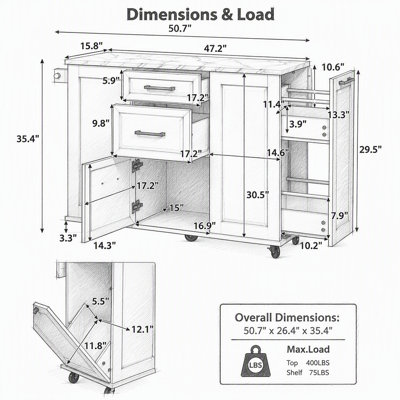 50.7" Kitchen Island with Tilt-Out Trash Can Cabinet, Pull-Out Organizer, Drop Leaf, and 2 Drawers on Lockable Wheels