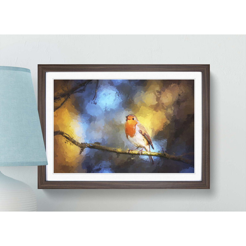 Robin Bird in a Tree in Abstract - Picture Frame Painting Print, 35cm H x 50cm W x 2cm D, Walnut