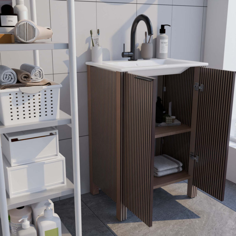 Floor Stand Bathroom Vanity Combo, Modern Cabinet Set With 2 Doors And Resin Basin Top, 30"