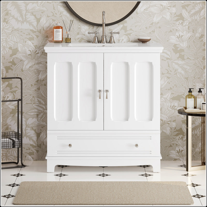 Meuble-lavabo en bois massif de 30 pouces avec lavabo en céramique, tablette réglable et cloison de tiroir pour un rangement efficace